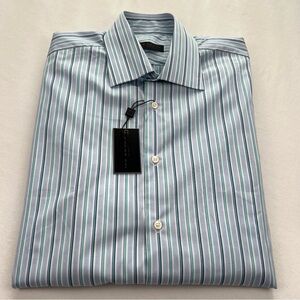 Ike Behar Blue and Green Striped Dress Shirt 15.5 34/35